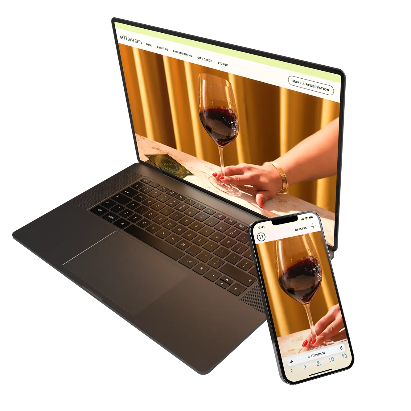 A laptop and a mobile phone showing the redesigned e11even website