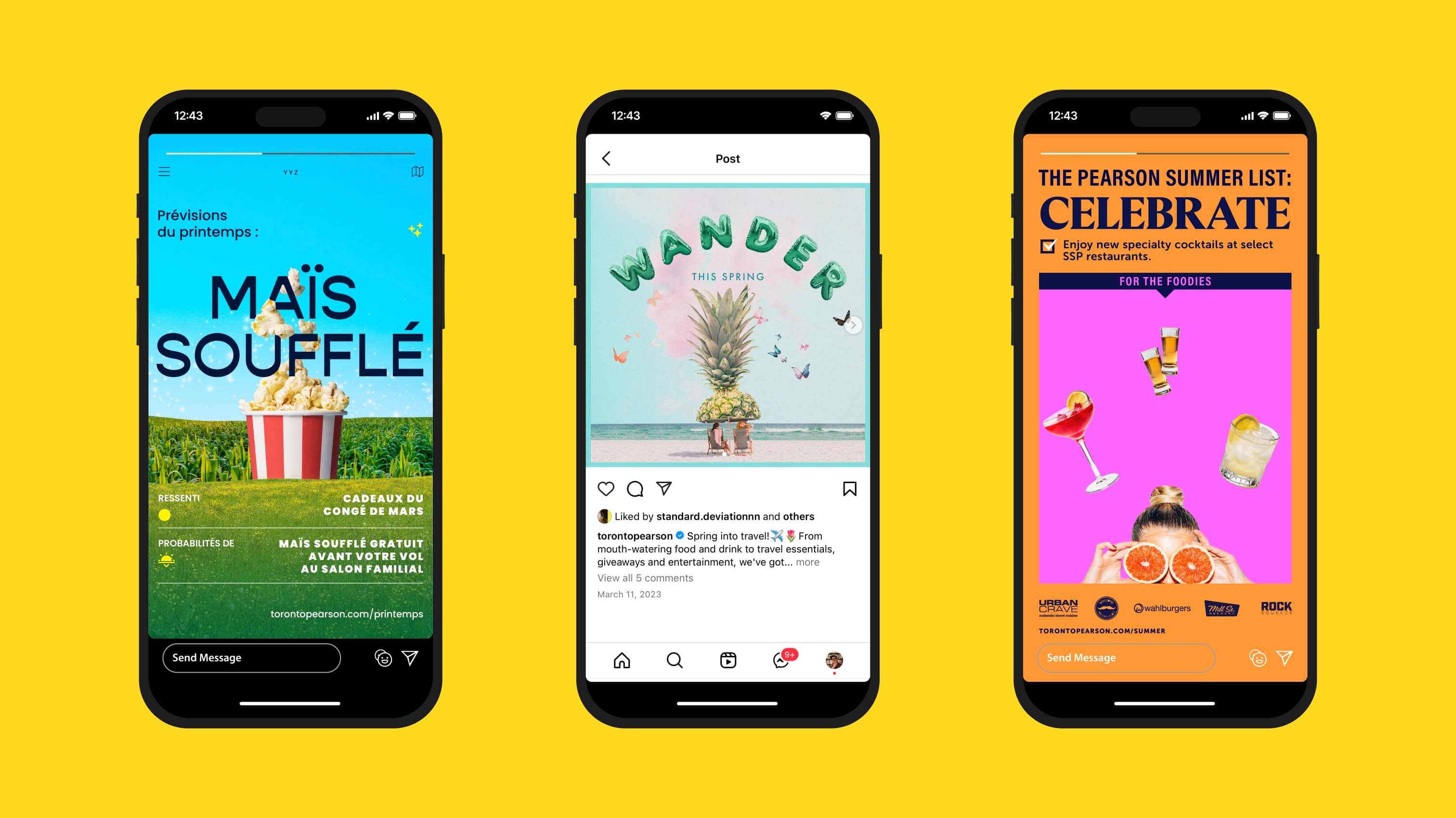 GTAA social media showing instagram posts and stories from the Spring, Summer, and Winter campaigns