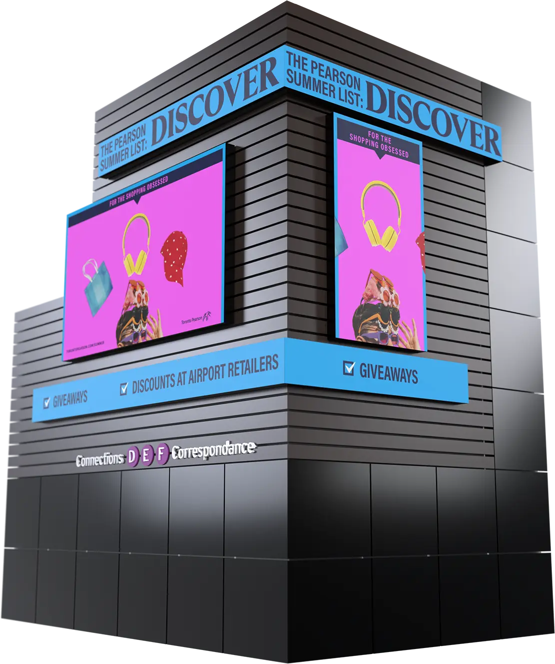 The Pearson Square. A two-sided, six-screen video wall featuring the Summer Campaign for shopping obsessed travellers.