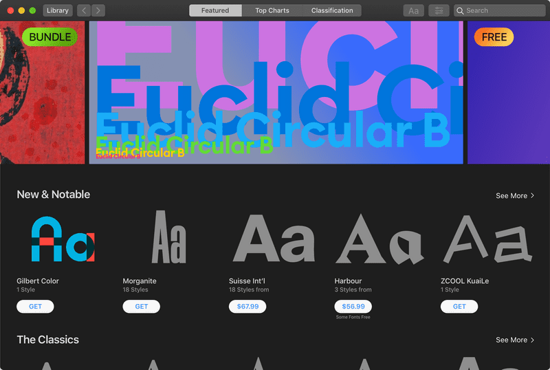 Showing the featured section of the font store.